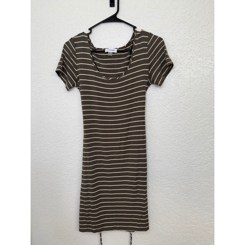 Calvin Klein Olive Green Striped Tie Back Bodycon Mini Dress Womens Size‎ 4